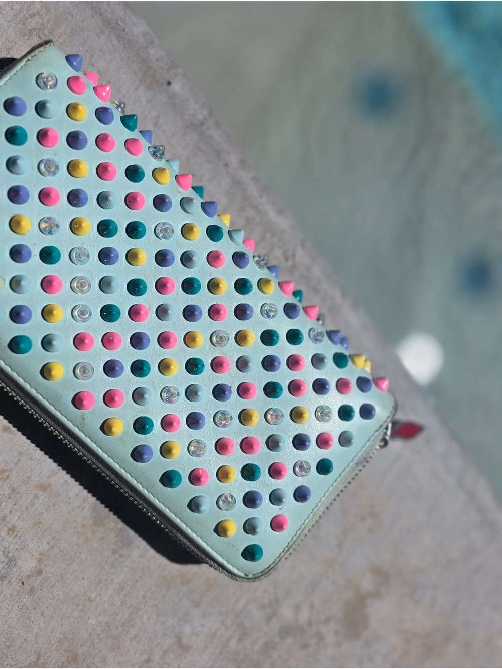 Louboutin Studded Pastel Zip Wallet - Mint with Multicolor Studs